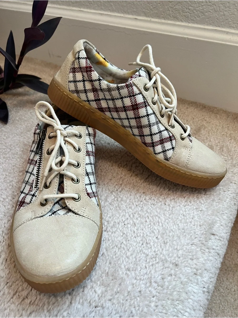 Born Cenith Beige and Brown Plaid Lace-Up Women's Fashion Sneakers Boho Cottage